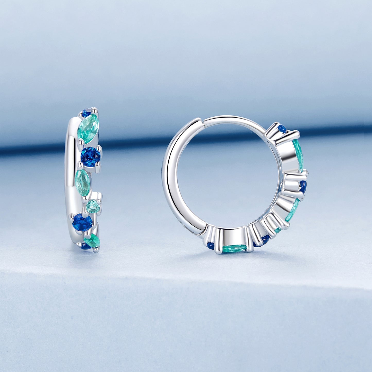 Solid S925 Sterling Silver 15mm Blue & Aqua CZ Hoop Earrings - AVILIA Designs
