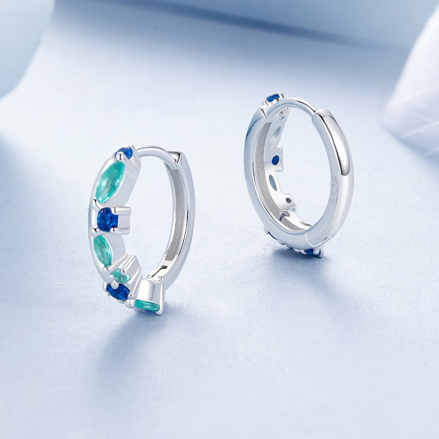 Solid S925 Sterling Silver 15mm Blue & Aqua CZ Hoop Earrings - AVILIA Designs