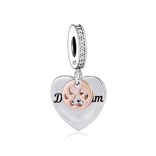 S925 Silver & Rose Gold Dog Mum Hanging Heart Paw Charm Pendant - AVILIA Designs