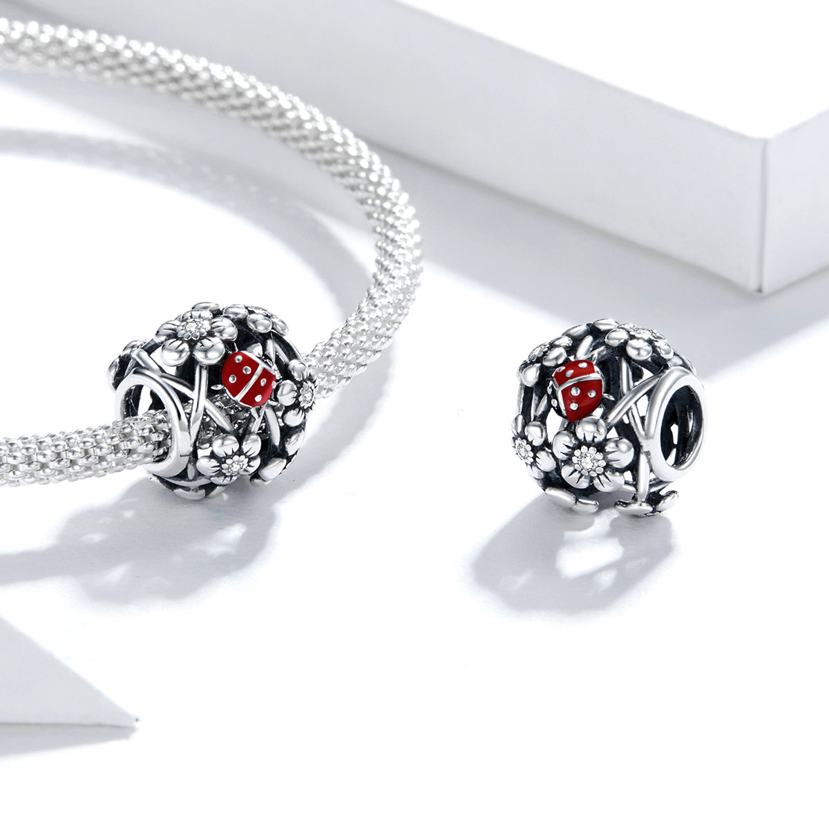 SOLID Sterling Silver Floral Ladybird Garden Round Charm - AVILIA Designs