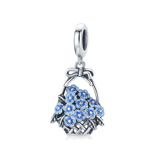 SOLID Sterling Silver Vintage Basket of Blue Flowers Charm Pendant - AVILIA Designs