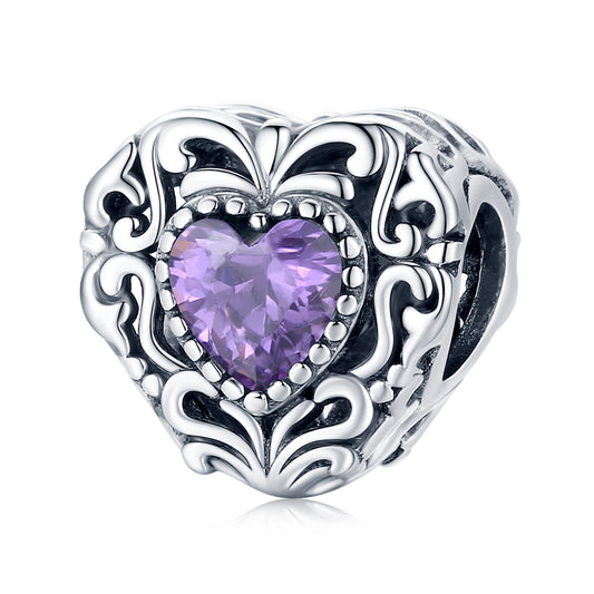 SOLID Sterling Silver Vintage Romance Heart Purple CZ Charm  - AVILIA Designs