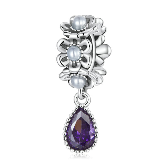 SOLID Sterling Silver Vintage Pearl Floral Hanging CZ Charm Pendant - AVILIA Designs