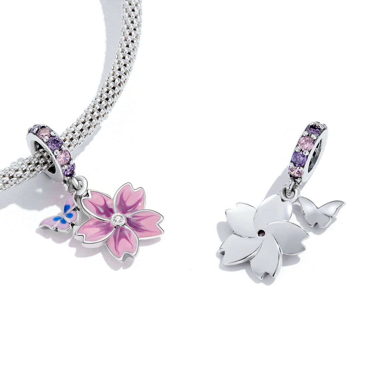 SOLID Sterling Silver Hibiscus Pink Flower & Butterfly Charm Pendant - AVILIA Designs