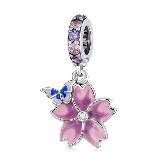 SOLID Sterling Silver Hibiscus Pink Flower & Butterfly Charm Pendant - AVILIA Designs