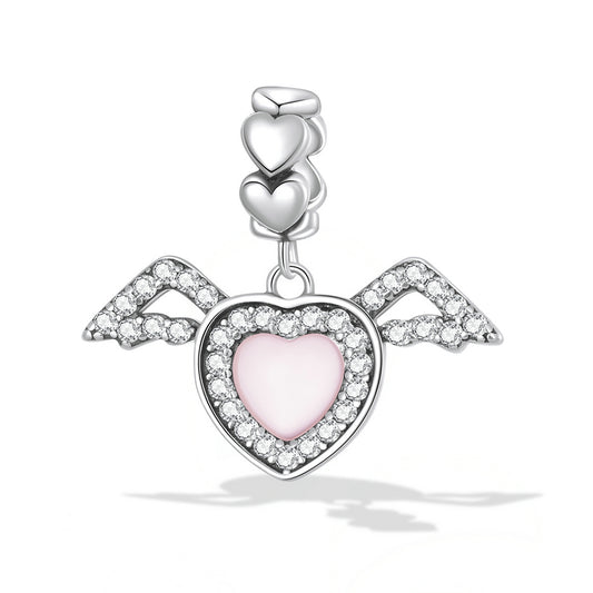 SOLID Sterling Silver Angel Wing Pink Heart Love Charm Pendant - AVILIA Designs