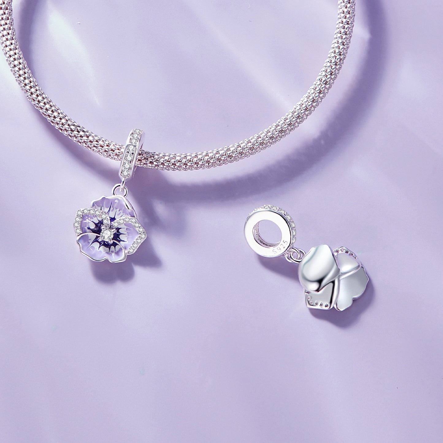 S925 Sterling Silver Sparkling Violet Flower Charm Pendant  - AVILIA Designs