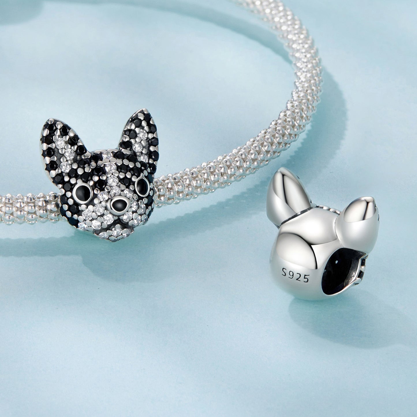 S925 Sterling Silver Sweet French Bulldog Dog Pave CZ Face Charm - AVILIA Designs