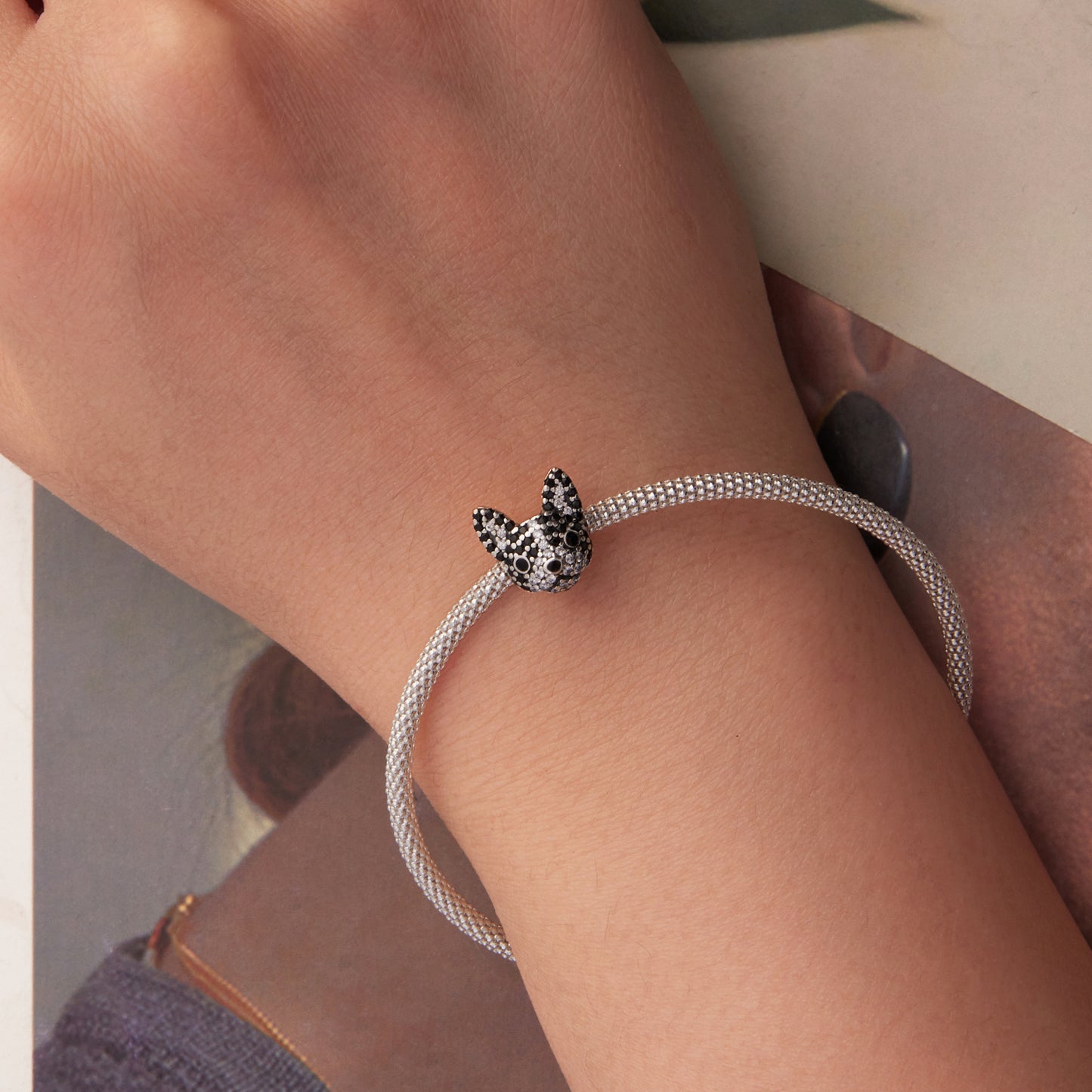 S925 Sterling Silver Sweet French Bulldog Dog Pave CZ Face Charm - AVILIA Designs