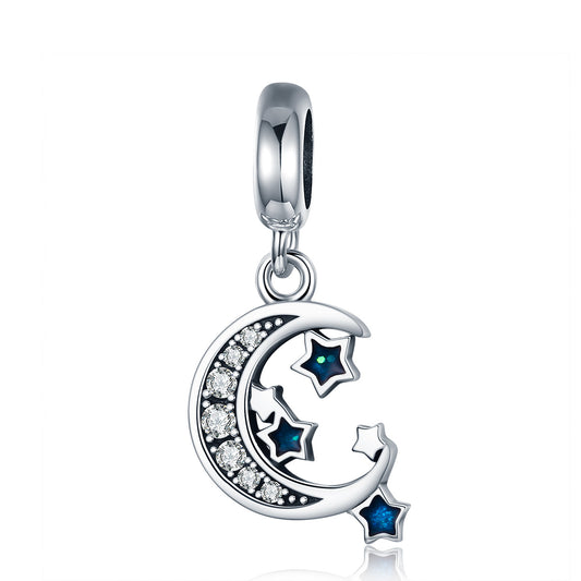 SOLID Sterling Silver Hanging Moon and Stars Galaxy Charm Pendant - AVILIA Designs