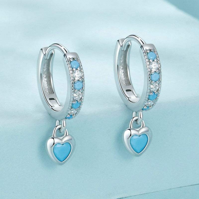 SOLID Sterling Silver Natural Turquoise Huggie Heart 12mm Hoop Earrings  - AVILIA Designs