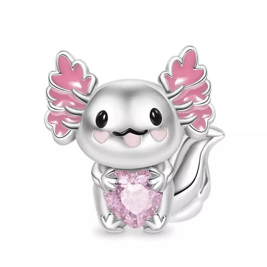 S925 Sterling Silver Sweet Axolotl Fish Pink Heart Charm - AVILIA Designs