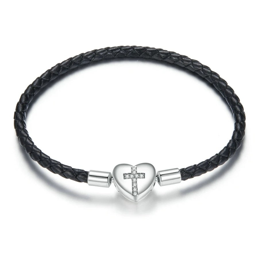Sterling Silver S925 Cross Faith Leather 17cm Charm Bangle - AVILIA Designs