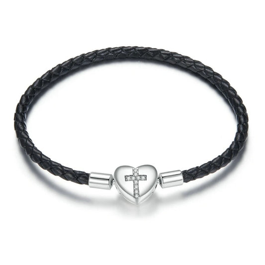 Sterling Silver S925 Cross Faith Leather 17cm Charm Bangle - AVILIA Designs
