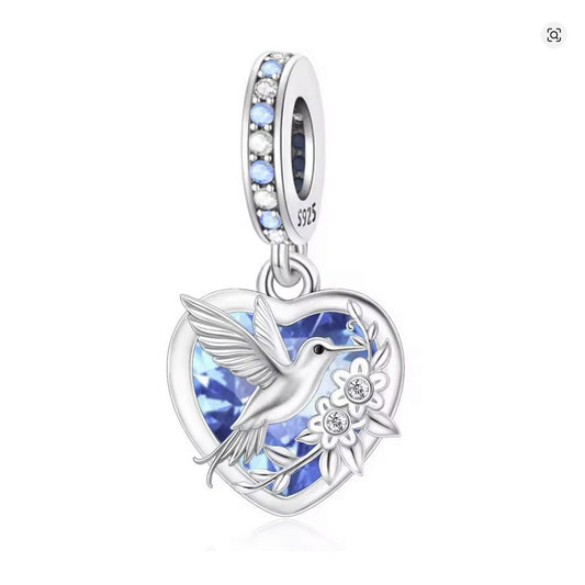 SOLID Sterling Silver Sparky Humming Bird Flowers Charm Pendant  - AVILIA Designs