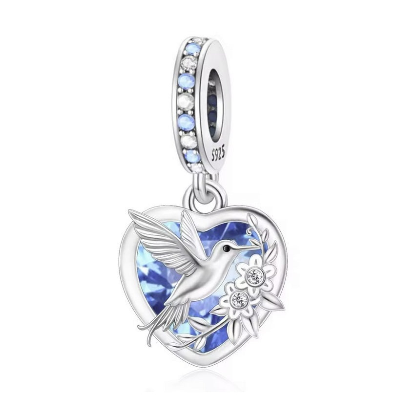 SOLID Sterling Silver Sparky Humming Bird Flowers Charm Pendant  - AVILIA Designs