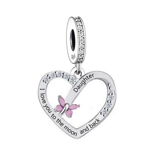 S925 Sterling Silver Open Heart Daughter Butterfly Charm Pendant - AVILIA Designs