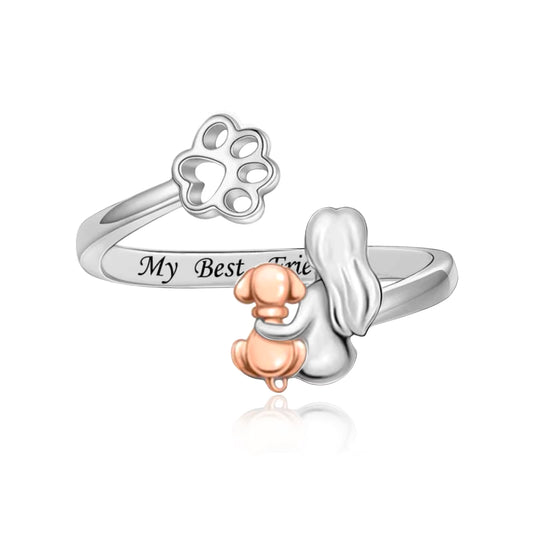 S925 Sterling Silver & Rose Gold Pl Adjustable Ring Dog and girl My Best Friend - AVILIA Designs