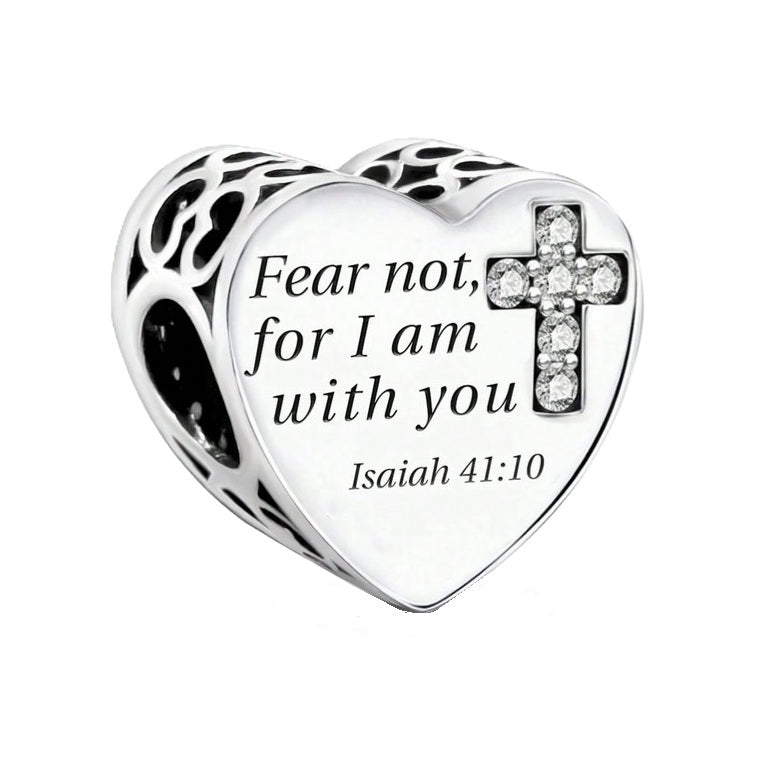 S925 Sterling Silver Fear Not I am With You Heart Religious God Jesus Charm - AVILIA DESIGNS