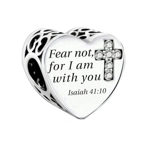 S925 Sterling Silver Fear Not I am With You Heart Religious God Jesus Charm - AVILIA DESIGNS