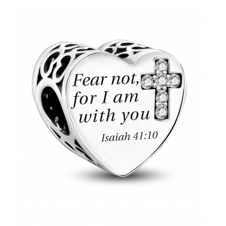 S925 Sterling Silver Fear Not I am With You Heart Religious God Jesus Charm - AVILIA DESIGNS
