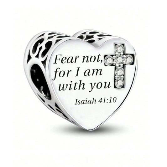 S925 Sterling Silver Fear Not I am With You Heart Religious God Jesus Charm - AVILIA DESIGNS