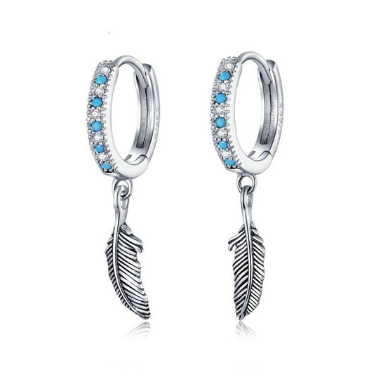 SOLID Sterling Silver Hoop Bohemian Feather Turquoise Earrings  - AVILIA Designs