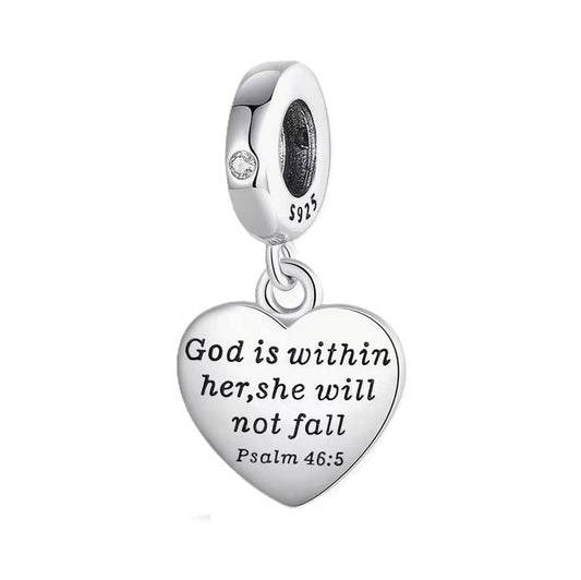 S925 Sterling Silver God is Within Her Psalms Religious Heart Charm Pendant - AVILIA Designs