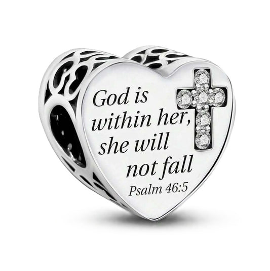 S925 Sterling Silver God is Within Her Psalms Heart Religious God Jesus Charm - AVILIA DESIGNS