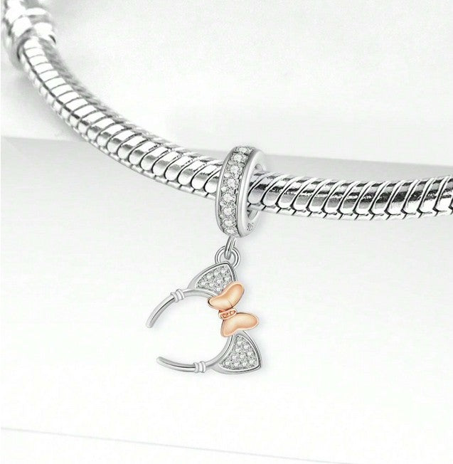 S925 Sterling Silver & Rose Gold Minnie Mouse Cat Ears Bow Charm Pendant - AVILIA Designs