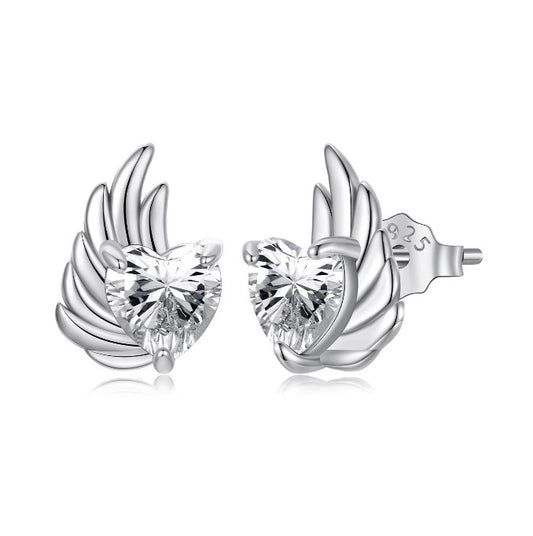 SOLID Sterling Silver Sparkly Angel Wing Heart Stud Earrings