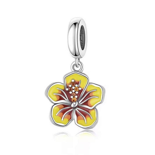 S925 Sterling Silver Yellow Tropical Hibiscus Flower Charm Pendant - AVILIA Designs