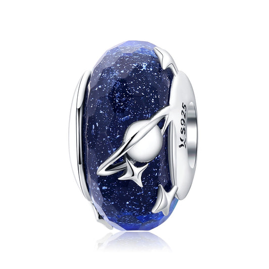 S925 Sterling Silver Dark Blue Planet Stars Glass Murano Charm - AVILIA Designs