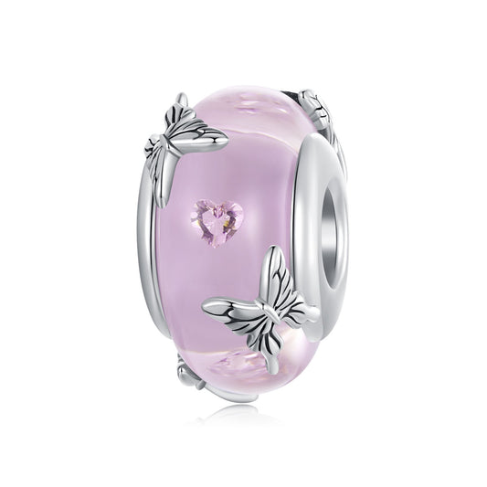 S925 Sterling Silver Pink Butterfly Hearts Glass Murano Charm - AVILIA Designs