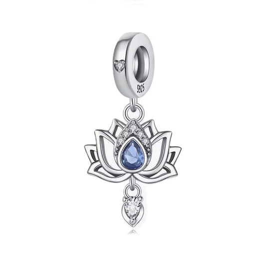 S925 Sterling Silver Hanging Blue Lotus Teardrop Charm Pendant - AVILIA Designs