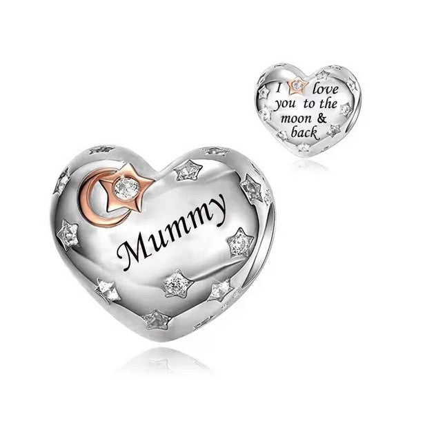 S925 Silver & Rose Gold Mummy I Love You To Moon & Back Heart Charm - AVILIA Designs