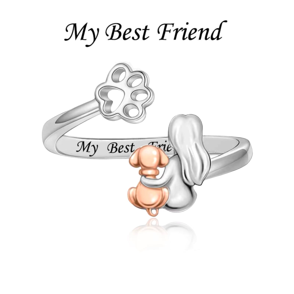 S925 Sterling Silver & Rose Gold Pl Adjustable Ring Dog and girl My Best Friend - AVILIA Designs