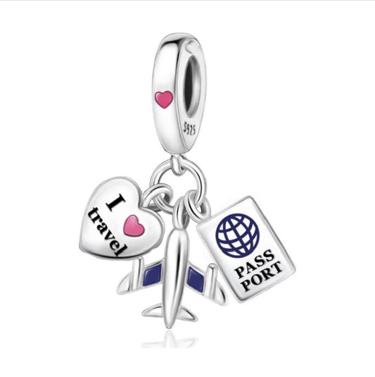SOLID Sterling Silver I Love Travel Plane Passport Charm Pendant - AVILIA Designs