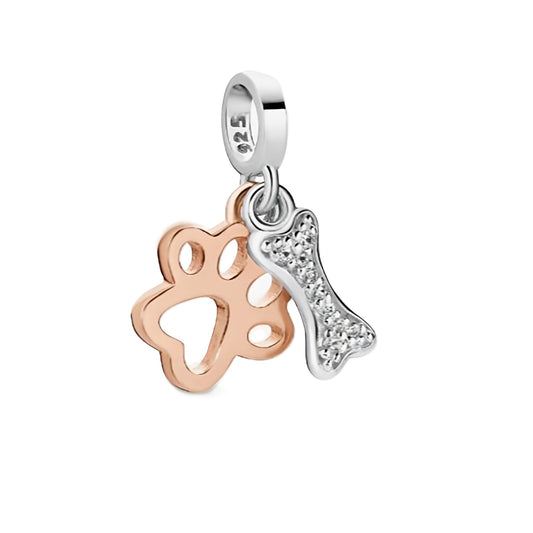 S925 Silver & Rose Gold My Pet Dog Puppy Paw Bone Hanging Charm Pendant - AVILIA Designs