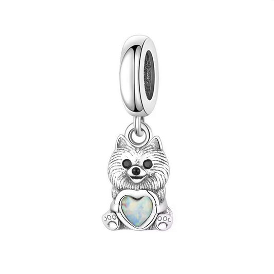 S925 Sterling Silver Pomeranian Dog Puppy Opal Heart Charm Pendant - AVILIA Designs