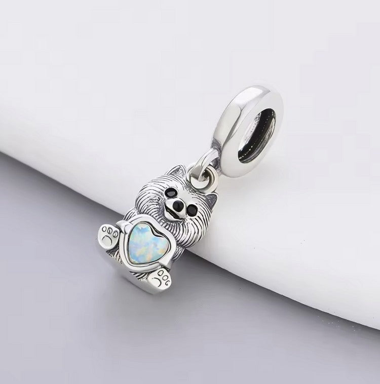 S925 Sterling Silver Pomeranian Dog Puppy Opal Heart Charm Pendant - AVILIA Designs