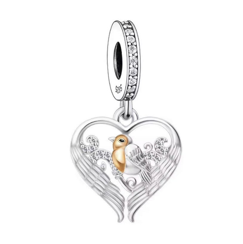 S925 Sterling Silver & Rose Gold Red Robin Heart Wings Charm Pendant - AVILIA DESIGNS