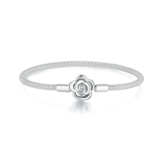 Sterling Silver S925 Blooming Rose Mesh 19cm Charm Bangle - AVILIA Designs