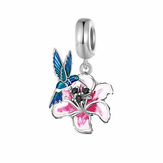 S925 Sterling Silver Hummingbird Hibiscus Flower Charm Pendant  - AVILIA Designs