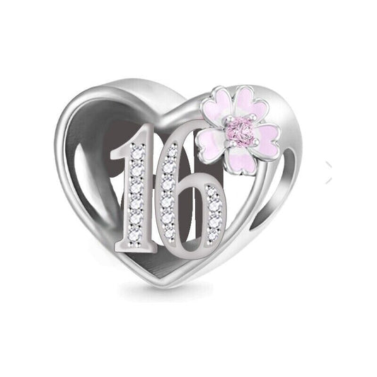 S925 Sterling Silver 16th Birthday Pink Flower Heart Charm  - AVILIA Designs