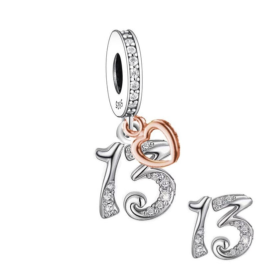 S925 Silver & Rose Gold Sparkling 13th Birthday & Heart Charm Pendant  - AVILIA Designs