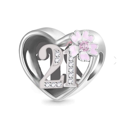 S925 Sterling Silver 21st Birthday Pink Flower Heart Charm  - AVILIA Designs
