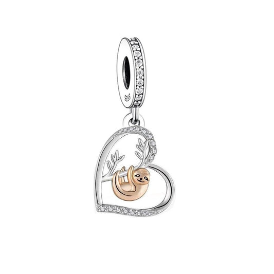S925 Silver & Rose Gold Sloth on Branch Heart Charm Pendant  - AVILIA Designs