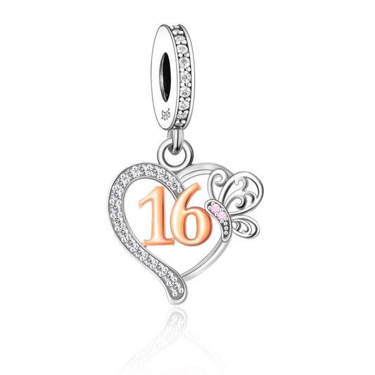 S925 Silver & Rose Gold Butterfly 16th Birthday Heart Charm Pendant  - AVILIA Designs