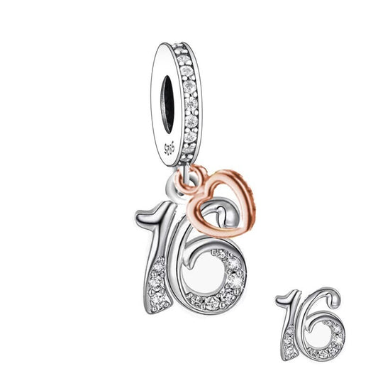 S925 Silver & Rose Gold Sparkling 16th Birthday & Heart Charm Pendant - AVILIA Designs